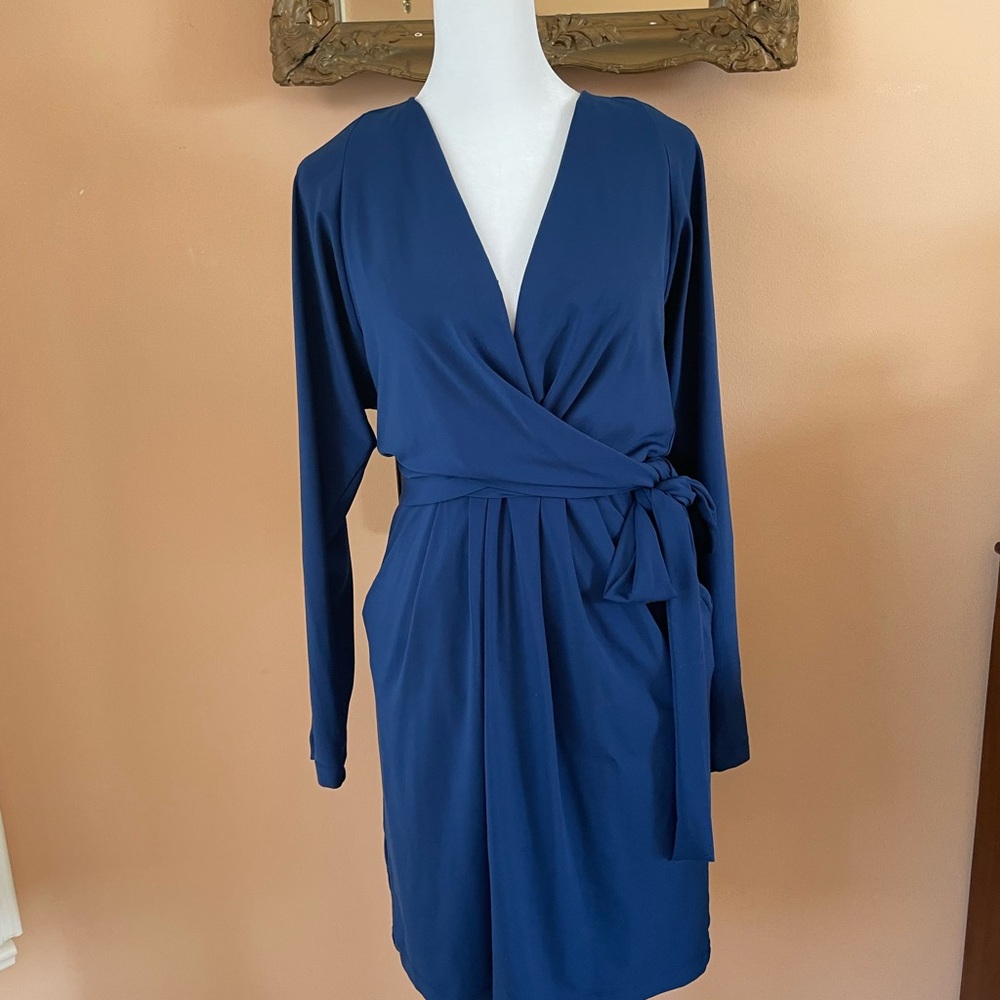 BCBGMaxAzria Deep Blue Poly Long Sleeve Attached Wrap Belt Pockets Dress X/S-SM